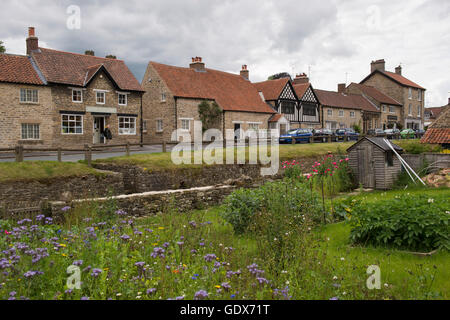 Vista di Castlegate (case, galleria, giardini) nella pittoresca e storica città mercato di Helmsley, North Yorkshire, GB. Foto Stock