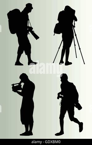 Cameraman silhouette sfondo vettoriale impostato per poster Illustrazione Vettoriale