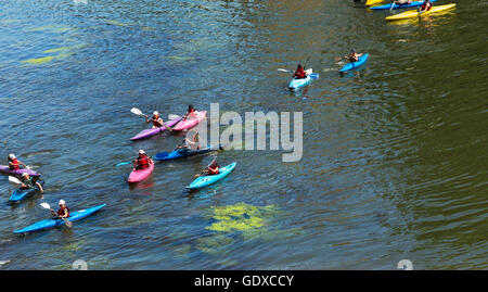 Bambini canoa e kayak sul fiume Ill, Strasburgo, Alsazia, Francia Foto Stock