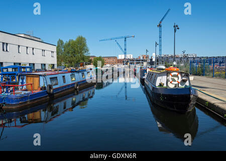 Narrowboats e gru in cotone Parco Campo marina, New Islington, Ancoats, Manchester, Inghilterra, Regno Unito Foto Stock