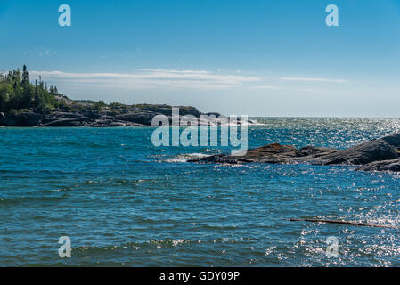 Drift-legno sulla sabbia della spiaggia del lago Superior, Canada Foto Stock