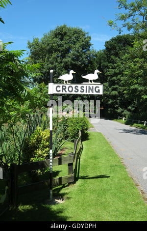 Anatre attraversando segno nel villaggio di Norfolk di Ludham Foto Stock