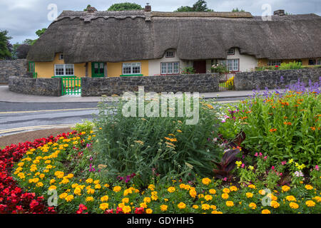 Vecchio cottage con il tetto di paglia nel villaggio di Adare nella contea di Limerick nella Repubblica di Irlanda. Foto Stock