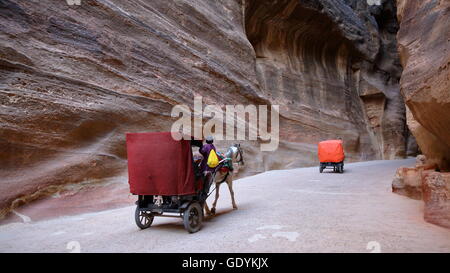 Il Siq Canyon in Petra, Giordania, che conduce al tesoro (Al Khazneh) Foto Stock