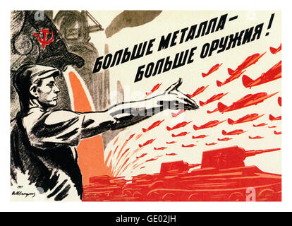 1940's russo WW2 propaganda poster che mostra la loro produzione industriale potrebbe con carri armati e aerei Foto Stock