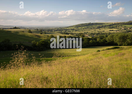 Cotswold paesaggio guardando verso Farmcote e Vale of Evesham Foto Stock