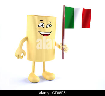 Maccheroni con le braccia, le gambe e la bandiera italiana sul lato 3d illustrazione Foto Stock