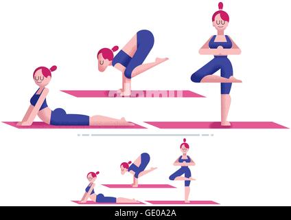 Design piatto della giovane donna fare yoga. 3 pose e 2 versioni di colore. Illustrazione Vettoriale