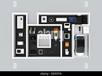 Apparecchiature intelligenti nel layout come 'l'IOT'. Internet delle cose nozione di prodotti per il largo consumo. Il rendering 3D'immagine. Foto Stock