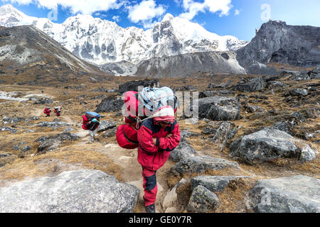 Facchini con carico pesante dopo aver attraversato Cho La Pass in Himalaya, situato a 5,420 metri (17,782 ft) sopra il livello del mare in Solukhumbu. Foto Stock