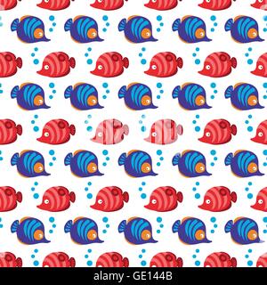 Modello senza cuciture con pesci tropicali e bolle su sfondo bianco. Illustrazione Vettoriale