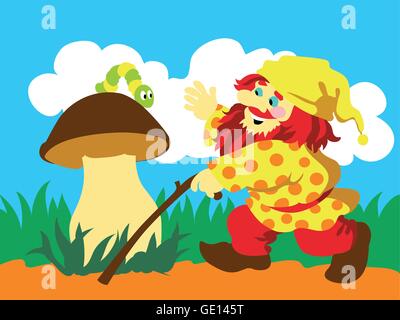 Immagine di gnome e caterpillar sul fungo. Illustrazione Vettoriale