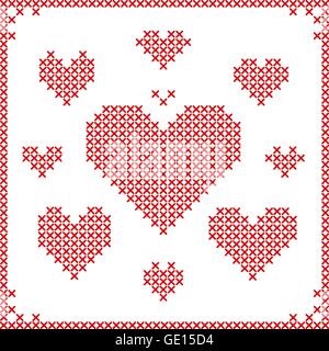 Set di punto croce ricamo cuori. Illustrazione Vettoriale