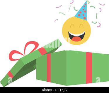 Parte emoticon in uscita di scatola regalo con i confetti e party hat. Illustrazione Vettoriale
