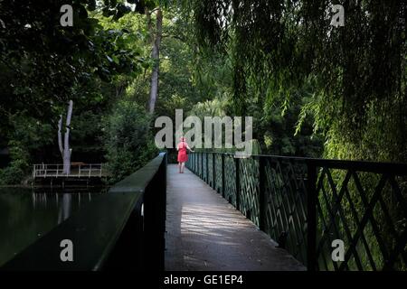 Donna che cammina lungo la passerella treetop, Niort, Francia Foto Stock