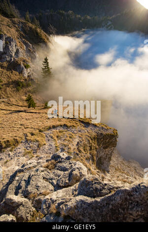 Donna Trail Running in montagna sopra le nuvole, Salisburgo, Austria Foto Stock