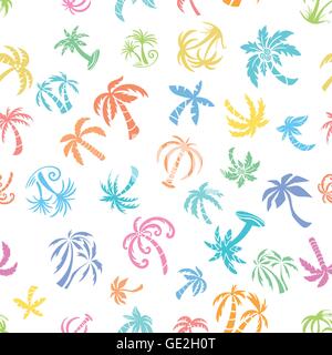 Seamless texture con schizzo silhouette Palm tree icone in colori luminosi su sfondo bianco Illustrazione Vettoriale