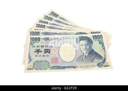 Yen giapponese note. Valuta del Giappone su sfondo bianco Foto Stock