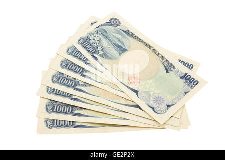 Yen giapponese note. Valuta del Giappone su sfondo bianco Foto Stock