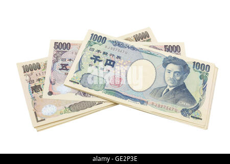 Yen giapponese note. Valuta del Giappone su sfondo bianco Foto Stock