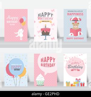 Compleanno, Natale saluto e invito card. Ci sono palloncini, confezioni regalo, coriandoli, Cup cake. vector illustrat Illustrazione Vettoriale