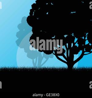 Alberi da foresta paesaggio sunrise sfondo vettoriale illustrazione mistero concept Illustrazione Vettoriale