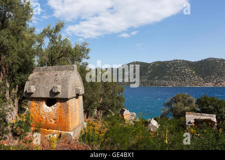 Stile Lycian sarcofagi e olivi in antiche necropoli lungo la costa mediterranea della Turchia. Foto Stock