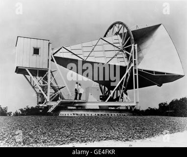 (Giugno 1961) Il Corno antenna riflettore presso la Bell Telephone Laboratories di Holmdel (, New Jersey è stato costruito nel 1959 per il lavoro pionieristico in satelliti di comunicazione per la NASA ECHO I. L'antenna è stata di 50 piedi di lunghezza e tutta la struttura pesano circa 18 tonnellate. Esso era composto di alluminio con una base in acciaio. Esso è stato utilizzato per rivelare le onde radio che rimbalzato fuori progetto palloncino eco dei satelliti. Il clacson è stato successivamente modificato per lavorare con la Telstar satellite di comunicazione frequenze come un ricevitore per segnali di diffusione da satellite. Nel 1990 l'avvisatore acustico è stato dedicato al servizio del Parco Nazionale un Foto Stock