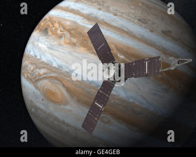 Juno, la sonda spaziale della NASA, lanciata nel 2011, sta studiando l'atmosfera, il campo magnetico e la composizione di Giove. Mira a fornire informazioni sulla formazione e l'evoluzione del pianeta. Foto Stock