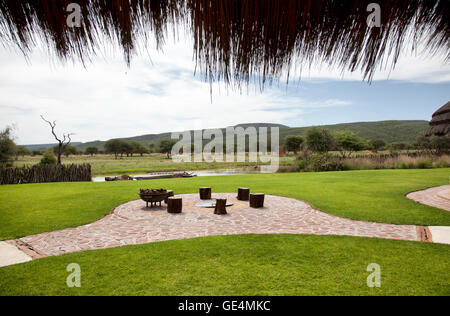 L'Okonjima Bush Camp vista dall edificio principale Lounge in Namibia Foto Stock