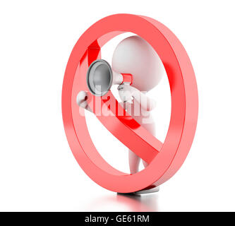 3D renderer immagine. La gente bianca con megafono circondato da un segno proibita. Isolato sullo sfondo bianco. Foto Stock