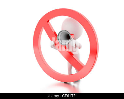 3D renderer immagine. La gente bianca con megafono circondato da un segno proibita. Isolato sullo sfondo bianco. Foto Stock