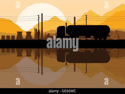 Olio industriale fabbrica di raffineria e benzina autocarro cisterna sagome sullo sfondo del paesaggio illustrazione vettore Illustrazione Vettoriale