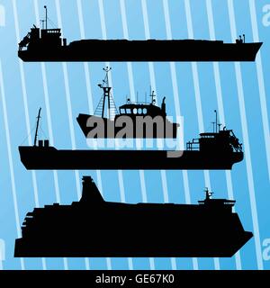 Il trasporto merci nave, barca da pesca e viaggi in traghetto impostare contorni sfondo vettoriale Illustrazione Vettoriale