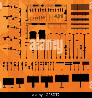 Infrastrutture stradali Segnaletica, fulmini, semafori, recinzioni, pareti verde alberi modificabile silhouettes dettagliata illustrazione c Illustrazione Vettoriale