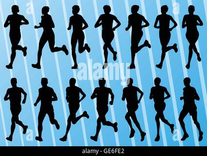 Corridori della maratona attivo dettagliata l uomo e la donna illustrazione Collezione sagome vettore di fondo Illustrazione Vettoriale