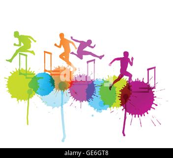 Uomini attivi sport atletica ostacoli in funzione di barriera sagome illustrazione vettore di fondo concetto con spruzzi di colore Illustrazione Vettoriale