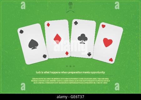 Set di carta da gioco si adatta sul tavolo verde dello sfondo. vettore design banner. cuori, picche, diamanti e club simbolo. casino e Illustrazione Vettoriale