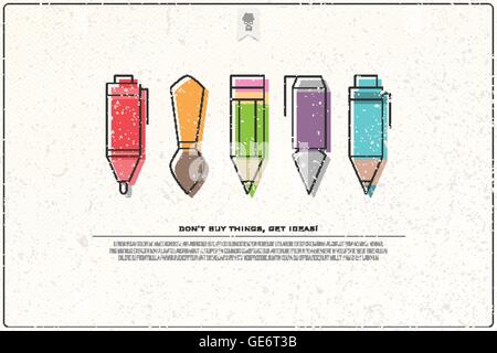Set di elegante graphic design tools sulla trama della carta. vettore torna a scuola icone. matita, penna, pennello, un marcatore e inchiostro della penna Illustrazione Vettoriale