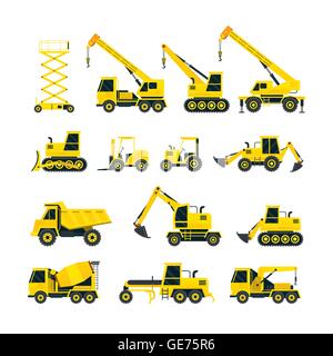 I veicoli per la costruzione di oggetti Set giallo, vista laterale, attrezzature pesanti, Macchine, Ingegneria Illustrazione Vettoriale