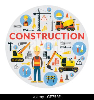 Etichetta di costruzione, lavoratore, attrezzature, veicoli Illustrazione Vettoriale