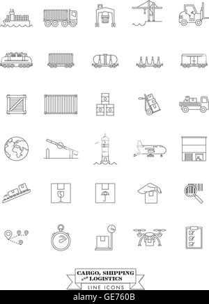 Raccolta di cargo, spedizione, logistica e trasporto merci le icone di linea Illustrazione Vettoriale