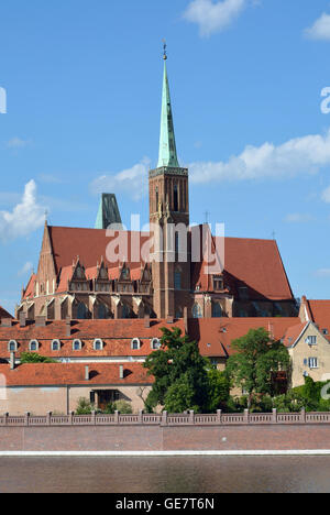 Vista sul fiume Oder alla Cattedrale isola con la Santa Vergine Maria la Chiesa di Wroclaw - Polonia. Foto Stock