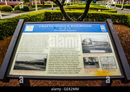 Storico del Chattanooga Ferrovie informazioni segno bordo sui motivi di Chattanooga Choo Choo complesso di hotel in TN Foto Stock