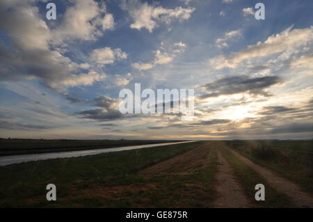 Guardando verso nord lungo il fiume Welland dalla griglia 343336 dell'OS, a valle di Fodyke, vicino all'uscita per The Wash, Lincolnshire Fens, Inghilterra UK Foto Stock