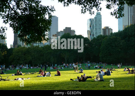 Le persone godono di una posizione soleggiata estate-come il giorno del fine settimana a pecore di Prato in Central Park di New York City, Stati Uniti d'America, 23 settembre 2007. Foto Stock