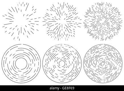 Set di elementi radianti e linee concentriche elemento. Random, irregolare, linee dinamiche. Illustrazione Vettoriale