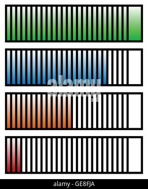 Livello, gli indicatori di progresso con livelli in sequenza da bassa ad alta. Fase, fase indicatori, affrancatrici generiche per la misurazione, pro Illustrazione Vettoriale