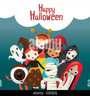 Fantasmi di Halloween e i bambini, Mistero, vacanze, cultura, Ottobre, decorazione, fantasia, Festa Notturna Illustrazione Vettoriale