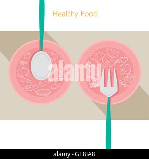 Cibo icone lineare impostato sul piatto con il cucchiaio e forchetta, sani, organico, Nutrizione, Medicina, salute mentale e fisica, categoria Illustrazione Vettoriale